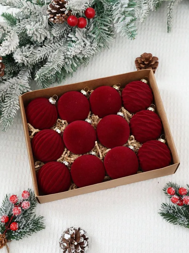 1 Set Burgundy Christmas Balls, Christmas Tree Ornaments, Flocked Christmas Balls Decorations, Christmas Ball Hanging Ornaments, Suitable For Christmas Wreath, Holiday Fireplace Decor, Christmas Hom