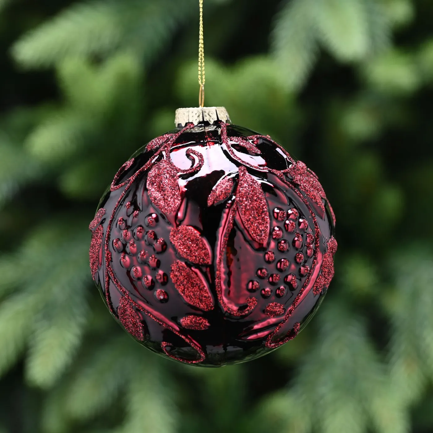 10cm Burgundy Bauble with Glitter Leaves and Grapes Glass Christmas Tr