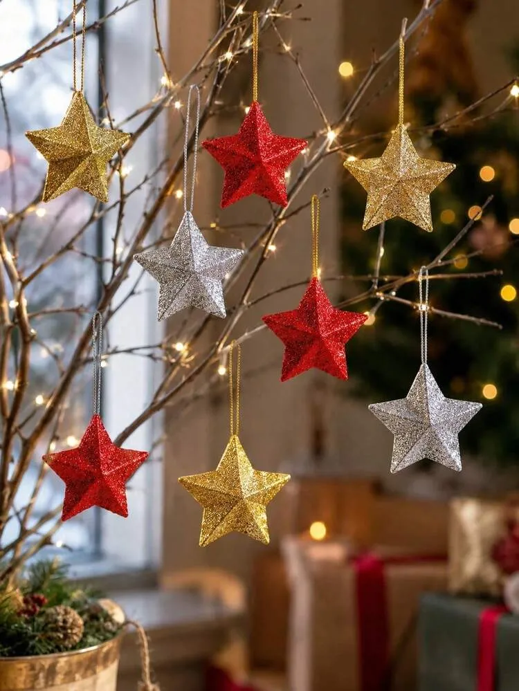 1/12/18pcs Glitter Star Hanging Ornaments (Gold, Silver, Red) Mini Christmas  Tree Star Decorations, Holiday, Party, Wedding And Home Decor Holiday  Accents | SHEIN UK