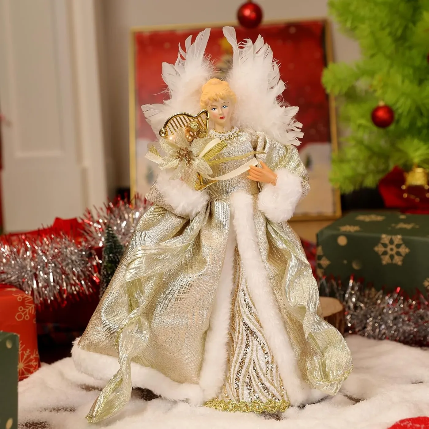 12″ Vintage Gold Christmas Tree Angel Topper with Harp & Flowers