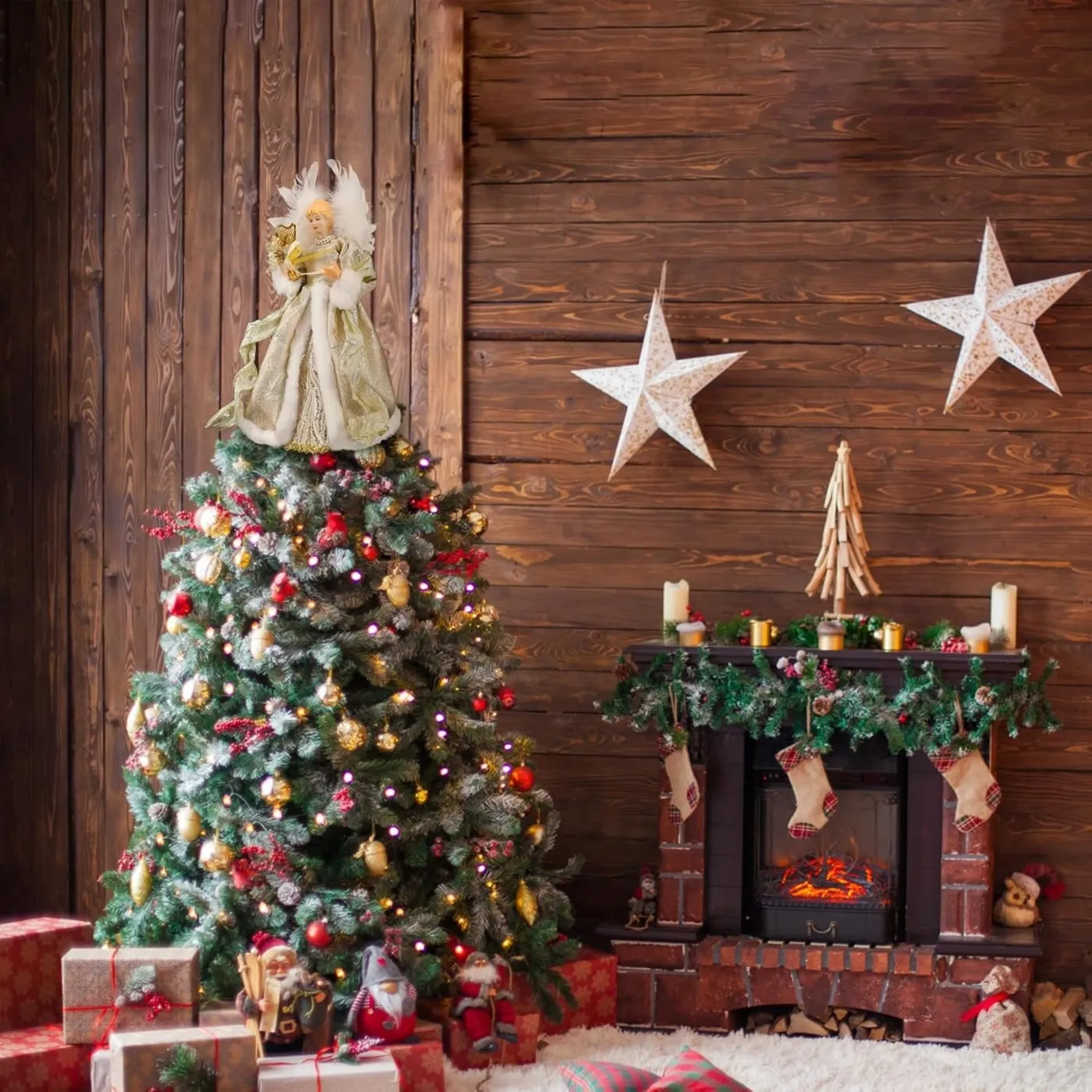 12″ Vintage Gold Christmas Tree Angel Topper with Harp & Flowers