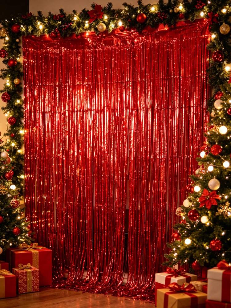 1/2/4/6pcs Red Background Decorative Curtains, Red Metallic Foil Curtains,  Red Glitter Tinsel Curtain Edge Birthday Party Background Decoration,  Christmas Decoration, Door Curtain, Red Birthday Part