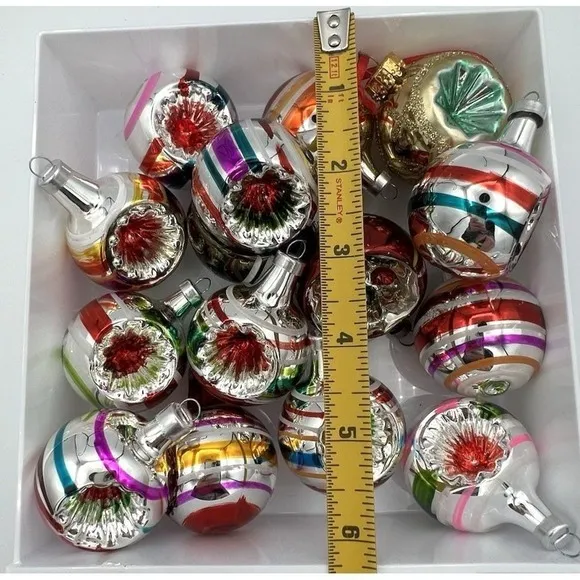 15 Shiny Brite ? Glass Small Christmas Ornaments Indent with Stripes Lot  Vintage