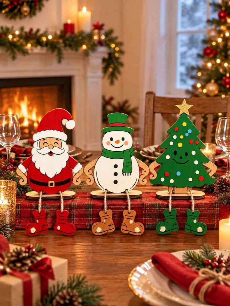 15pcs Wooden Christmas Desktop Ornaments, Santa Claus, Snowman, Christmas Tree Elements, Christmas Decorations, Creative Design, Home Decor, Christmas Decorative Signs, Ornaments, Christmas Holiday