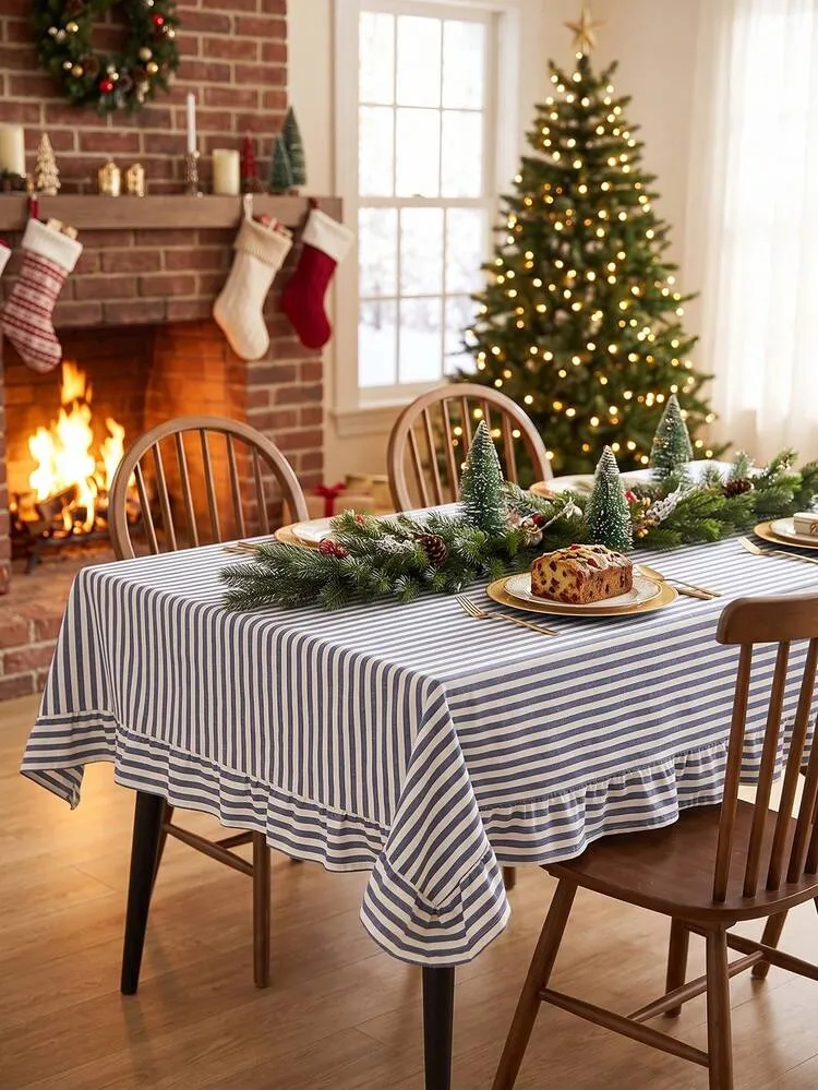 1pc Blue And White Classic Striped Tablecloth, Traditional Country Style,  Rectangular With Scalloped Edge And Pleated Details, Stain-Resistant  Tabletop Protection, Functional For Home Coffee Table, 