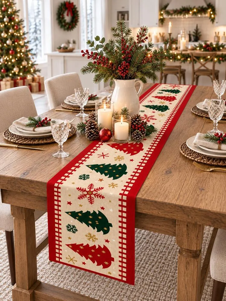 1pc Christmas Table Runner, Red Border Christmas Tree Snowflake Star  Pattern Dining Table Decor, Winter Holiday Restaurant Kitchen Tabletop  Decoration, Christmas Dinner Party Table Centerpiece | SHE