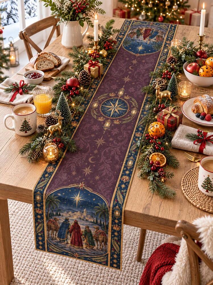 1pc Christmas Table Runner, Three Wise Men Nativity Bethlehem Starry Night  Scene Design, Vintage Christian Religious Style Christmas Dining Table Decor,  Holiday Party Home Decoration | SHEIN USA