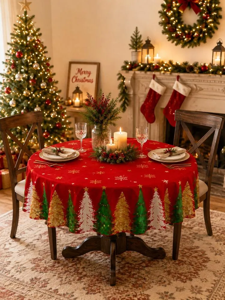 1pc Christmas Tablecloth, Red Christmas Tree & Snowflake Pattern, Holiday  Decor Tablecloth, Suitable For Dining Table, Christmas Party, Home Kitchen  Dinner Setting | SHEIN USA