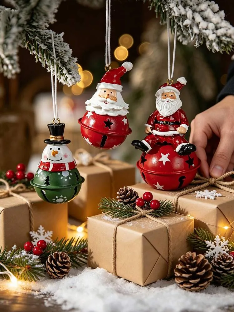 1pc-Christmas Tree Hanging Ornament Resin Santa Claus & Snowman Metal Bell  Pendant 3-Style Assortment