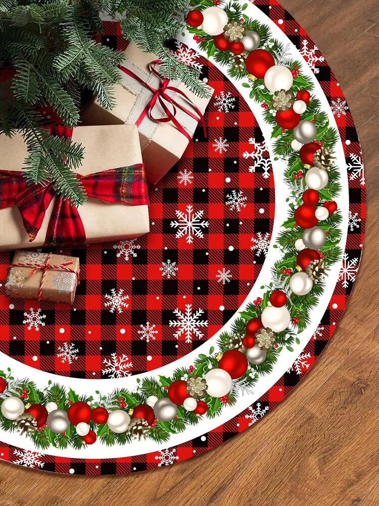 1pc Christmas Tree Skirt, Christmas Ball Garland Style Black & Red Plaid Polyester Christmas Tree Decor Rug, Large Christmas Tree Mat Carpet, Suitable For 2025 Christmas Background Decor, Winter Hol