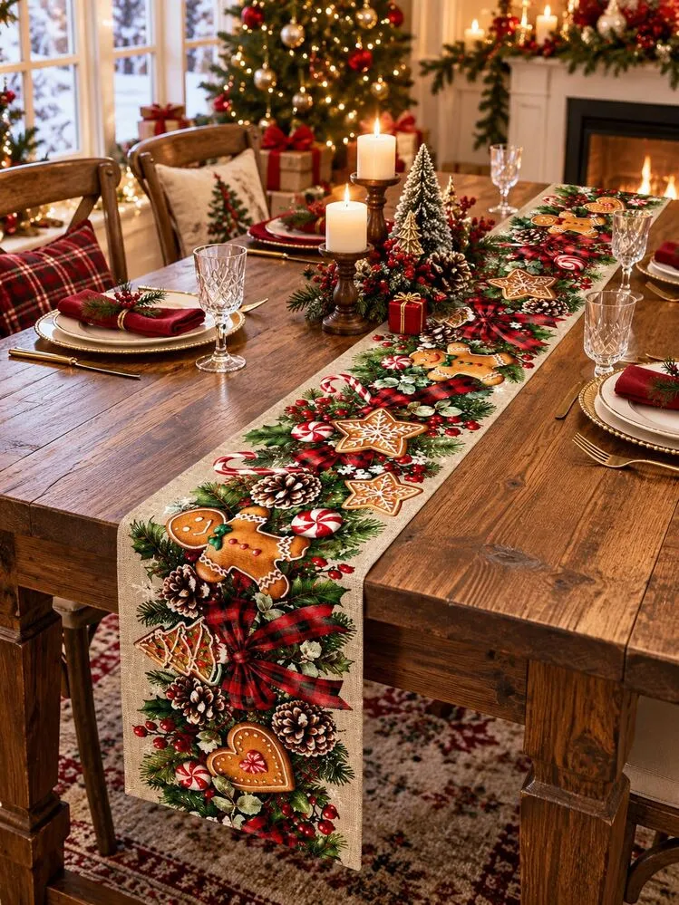 1pc Gingerbread Christmas Table Runner, Gingerbread Man Candy Cane Cookie  Plaid Bow Pinecone Print Linen Look Dining Table Decor, Cute Holiday Runner  For Kitchen Essentials, Christmas Party, Winter 