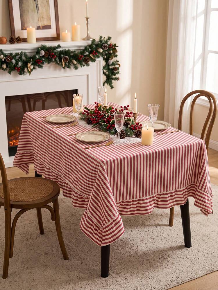 1pc Red And White Christmas Classic Striped Print Tablecloth, Traditional  Country Style, Rectangular With Ruffle Edge And Pleated Details,  Stain-Resistant Protective Table Cover For Christmas Family