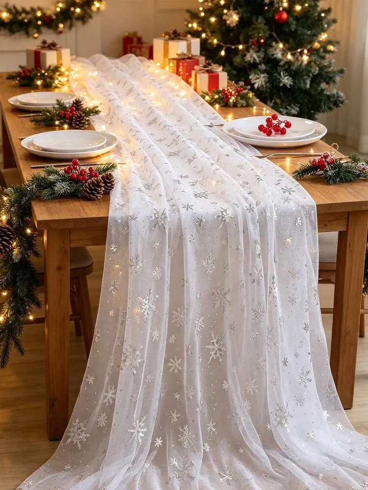 1pc Silver Snowflake Table Runner, Christmas Mesh Table Runner, Christmas  Table Decor, Home Decor, Kitchen Decor, Christmas Tablecloth Decor,  Christmas Party Supplies, Christmas Decoration Supplies,