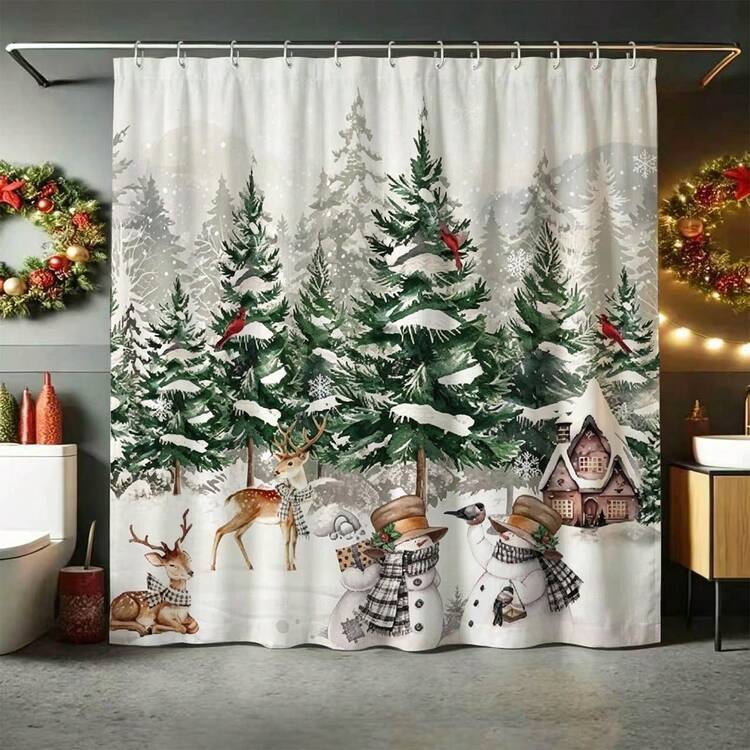 1pc Snowy Pine Tree Cabin Shower Curtain, Cozy Forest Holiday Bathroom Curtain - Suitable For Bathroom Decor,