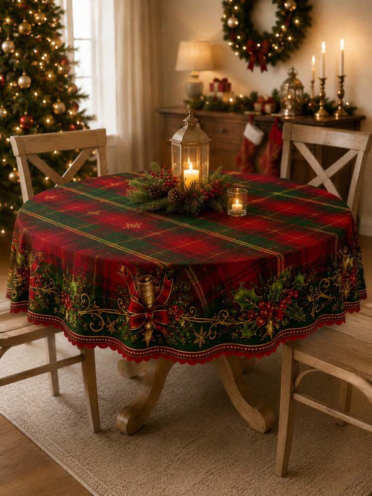 1pc Traditional Red & Green Plaid Holly Print Round Tablecloth, Suitable  For Holiday Party Decor, Home Decor, Room Decor, Garden, Kitchen, Country  ...