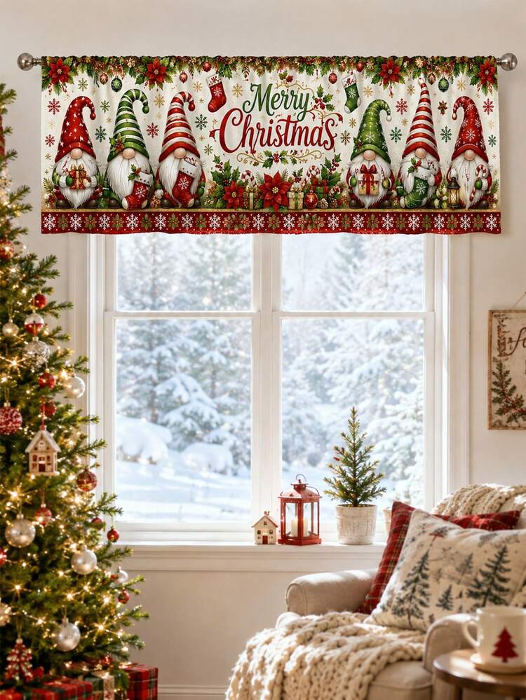 1pc Whimsical Christmas Gnome Short Curtain Valance, Traditional Polyester  Rectangular Rod Pocket Window Decor With Striped Hats Stockings Gifts  Poinsettias & Candy Canes, Merry Christmas Kitchen Ho