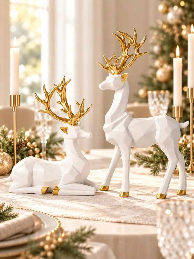 1pc White & Gold Christmas Reindeer Figurine, Geometric Deer Statue,  Suitable For Fireplace Mantel, Shelf, Tabletop And Living Room, Elegant  Holiday Home Decor, Home Decoration, Shelf Decor, Living 