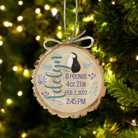 1st Christmas wood slice ornament, baby penguin first christmas wood  ornament