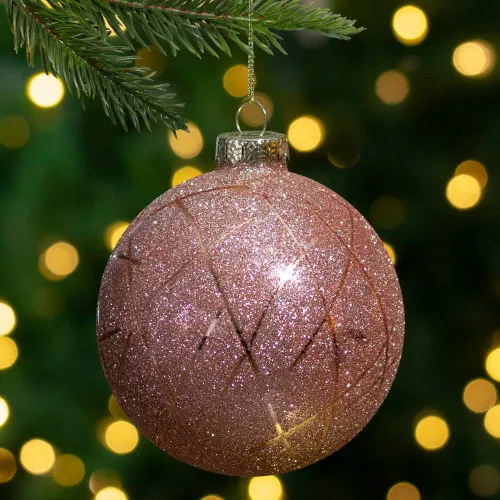 2-Finish Rose Gold Etched Stripes Glass Christmas Ball Ornament 4' (100mm)  | Christmas