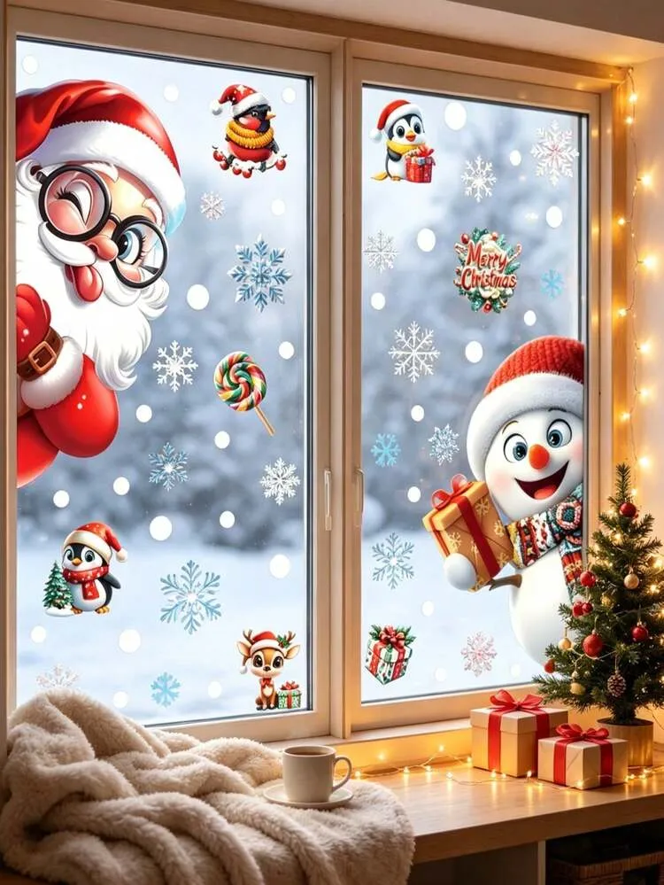 2 Large Christmas Stickers, Santa Claus Snowman Window Decals, Window Wall Stickers, Cute Red Christmas Decoration Window Decals, Christmas Party Decoration, Christmas Street Scene Decoration, Chris
