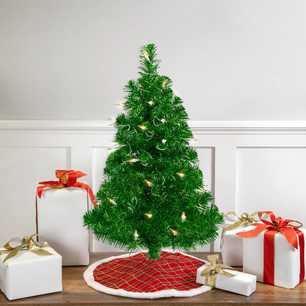 2' Pre-Lit Paradise Lime Green Tinsel Pine Artificial Christmas Tree - Clear Lights | Christmas