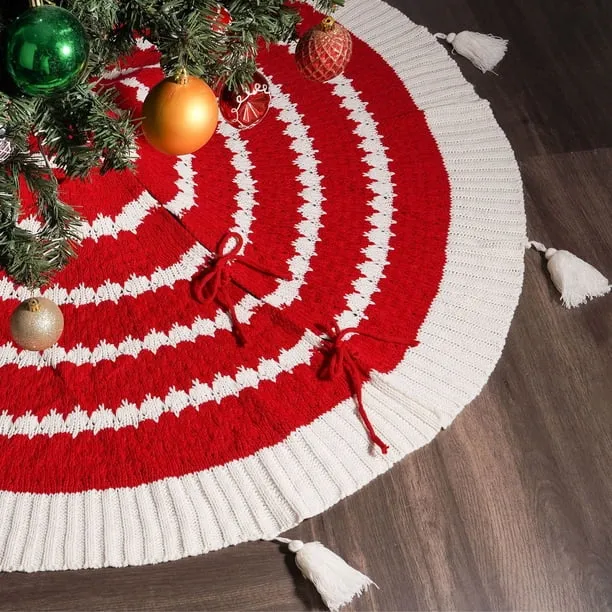 2024 Christmas Red 48In Circular Knitted Tassel Tree Skirt Christmas Tree Apron Christmas Decorations | Bodega Aurrera en línea