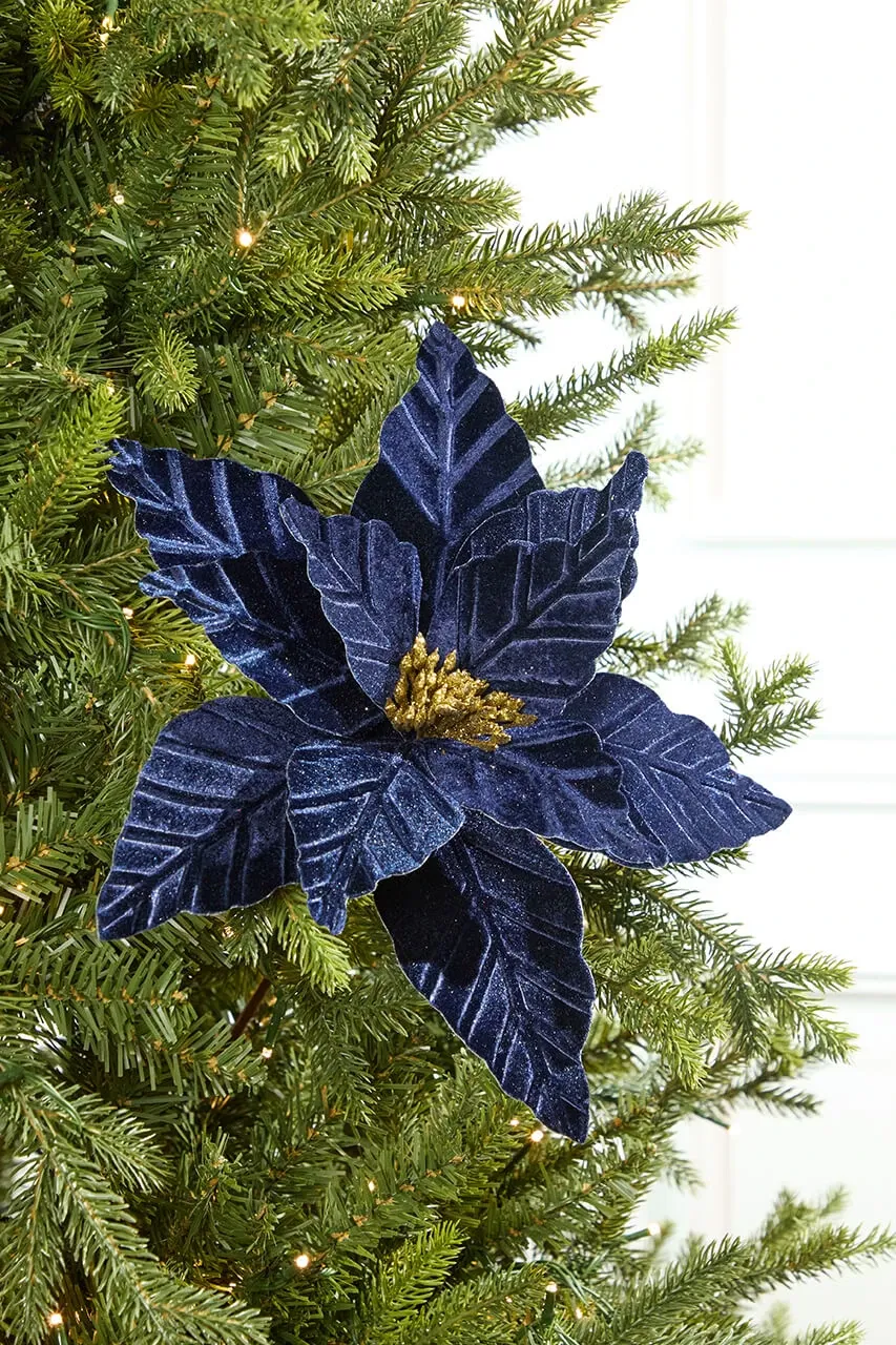 24' Midnight Blue Velvet with Glitter Center Poinsettia Stem
