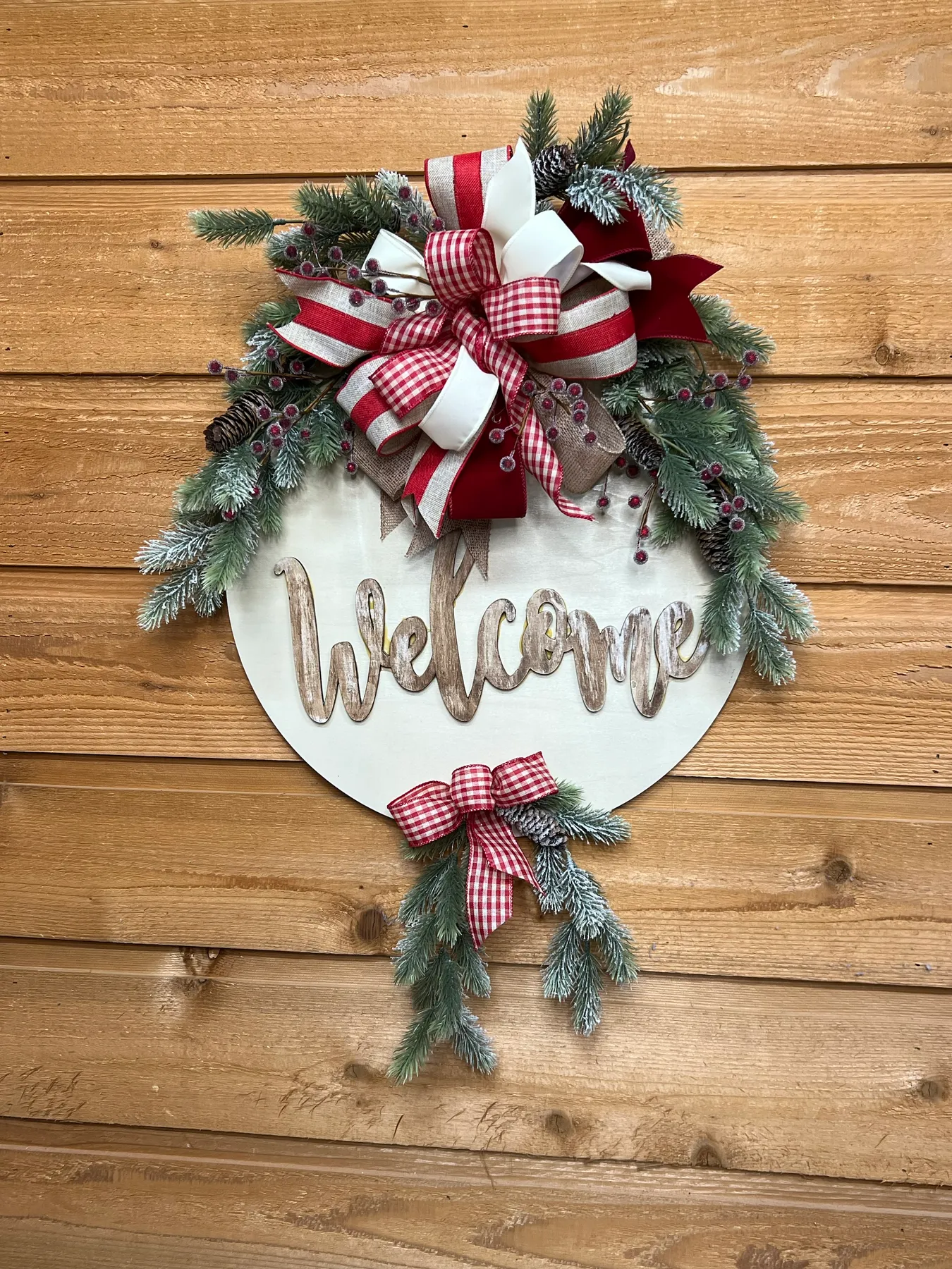 251021 Rustic Red; White Winter Welcome Door Hanger – Frosted Pine, Berries;  Gingham Bow | Handcrafted Holiday Farmhouse Decor – Angie's Art Floral  Design Studio