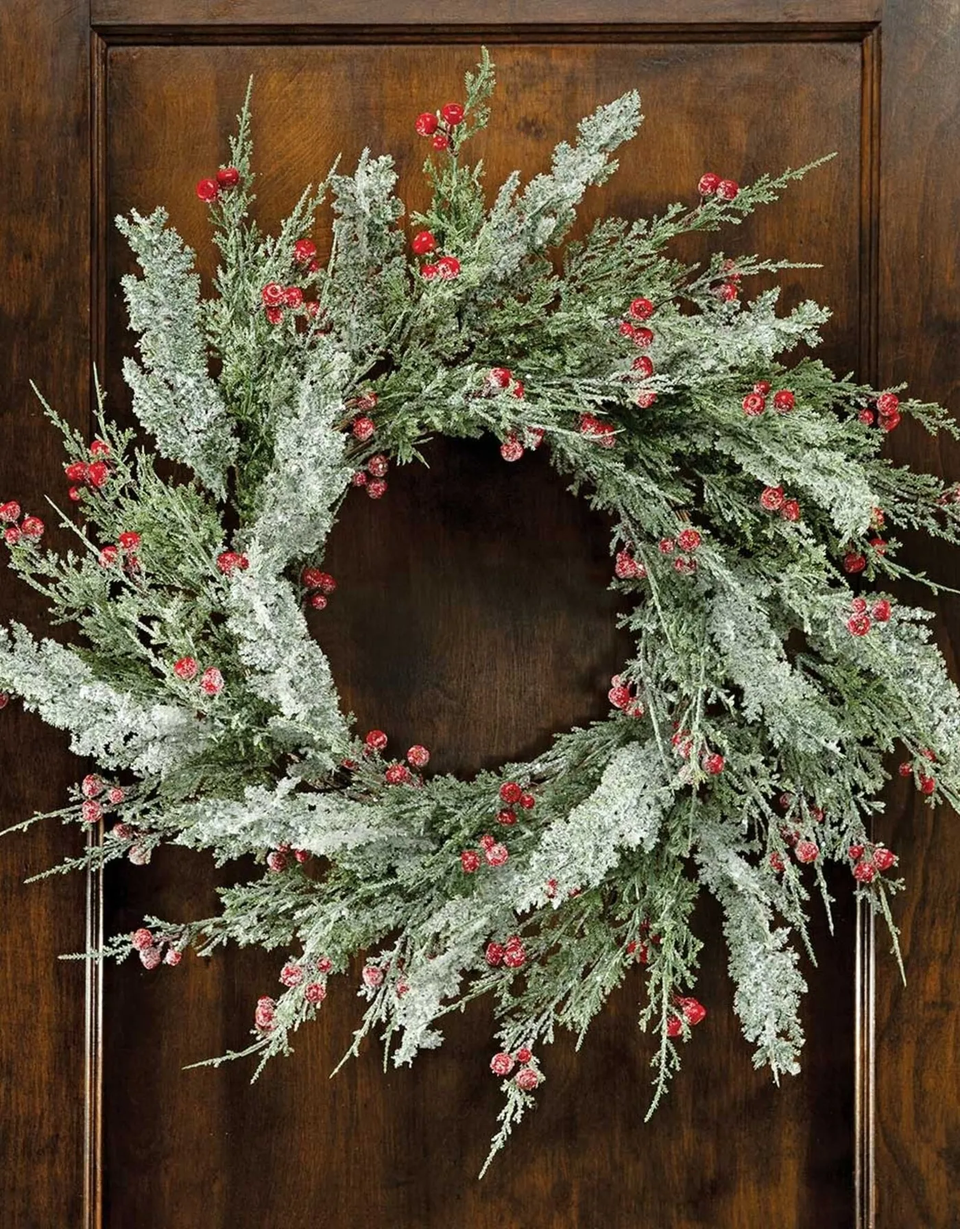26' Frosted Cedar Wreath with Red Berries - Cabin Creations