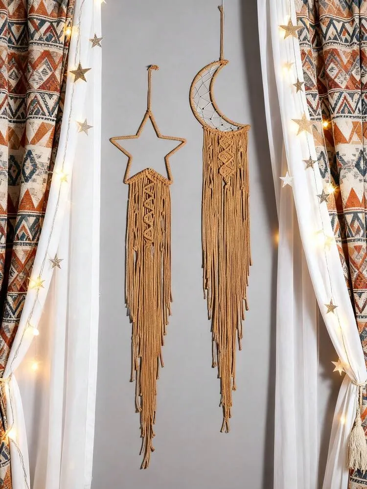 2pcs Bohemian Style Star & Moon Tassel Wall Hanging Decor, Woven Rope Knot Dreamcatcher Design, Rustic Beige Rope Wall Art, Nordic Aesthetic For Living Room Bedroom Apartment, Holiday Decor, Spiritu