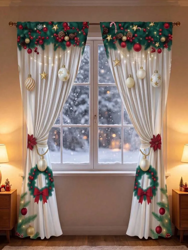 2pcs Christmas Decorative Curtains, Christmas Wreath Pine Branch Pattern Long Curtains, Red White Green Polyester Fabric, Suitable For Living Room, Bedroom, Kitchen And Bathroom Door Curtain Decorat