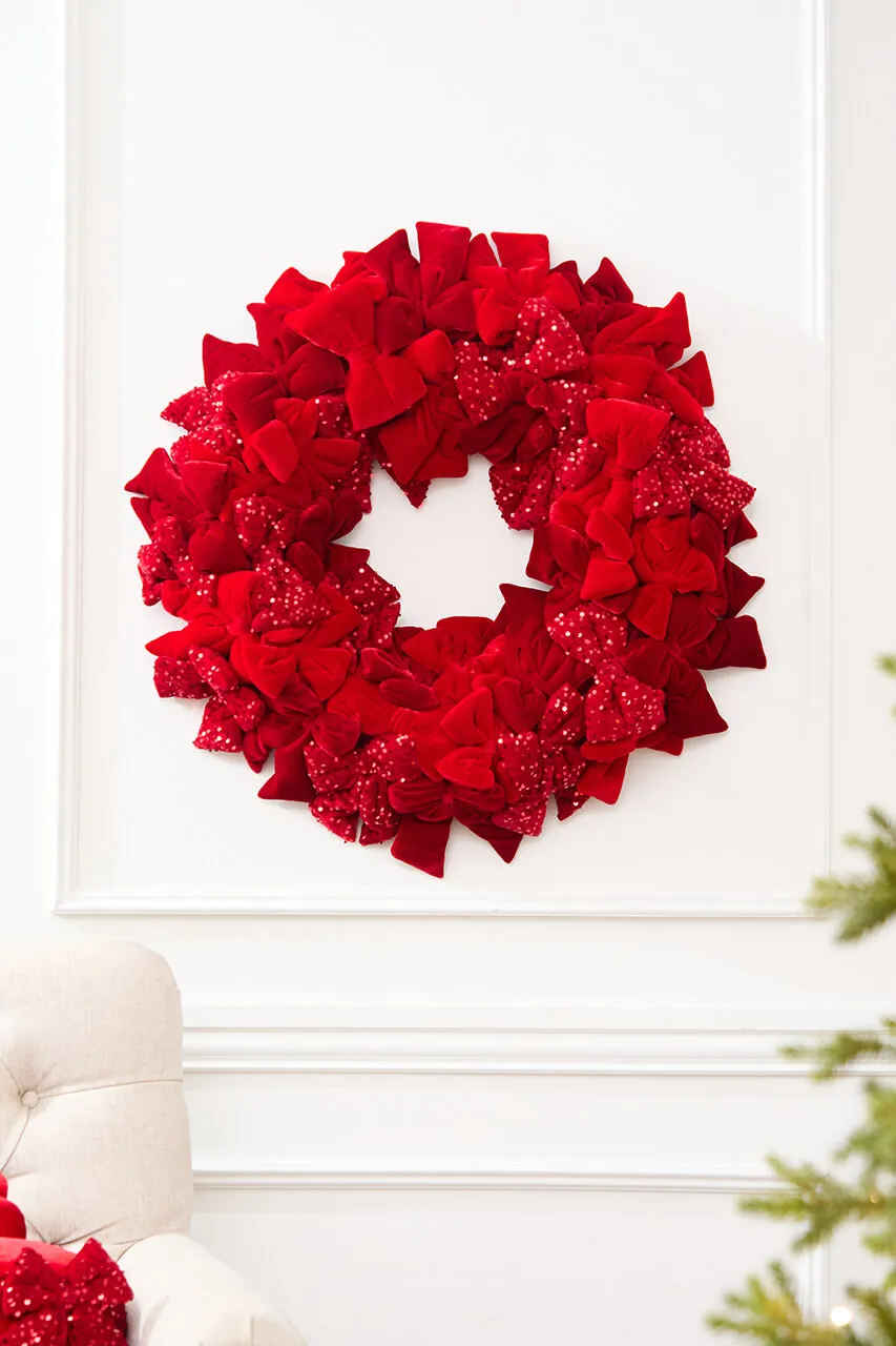 30' Red Velvet Sequin Bow Wreath