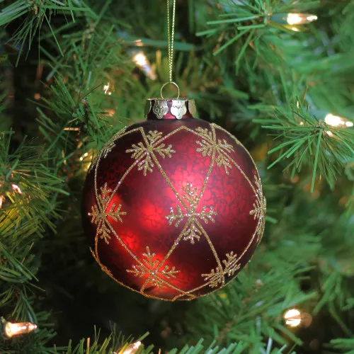 3.25' Burgundy Red & Gold Glittered Snowflake Glass Ball Christmas Ornament | Christmas
