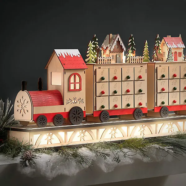 33' Train Village LED Advent Calendar Wooden Christmas Countdown Decoration  with 24 Drawers, Warm LED Lights,