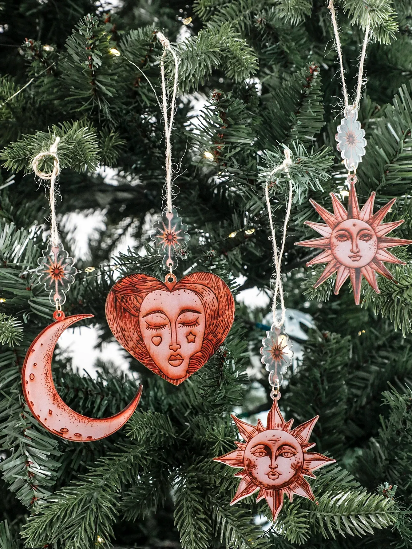 3/4 pcs Christmas Sun Moon Star Hanging Ornaments Vintage Hand Painted Sun  & Moon Terra
