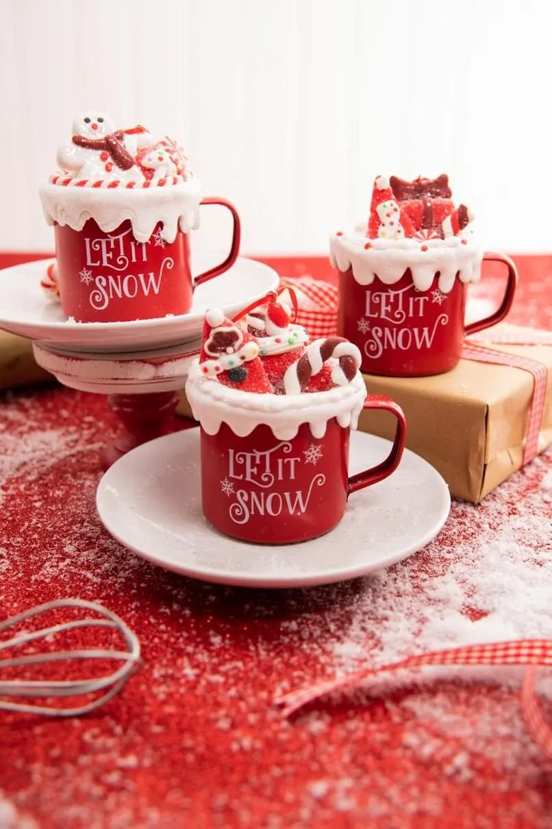 3.5” Let It Snow Clay Dough Candy Mug with Candy Cane Ornament -  Decorator's Warehouse
