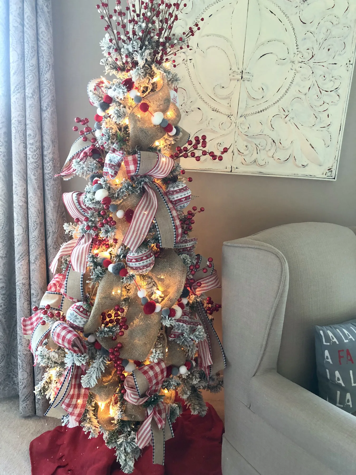 4 ideas on how to add Christmas decor to your master bedroom with this cute  tree with red, gray and white ribbon! - Wilshire Collections