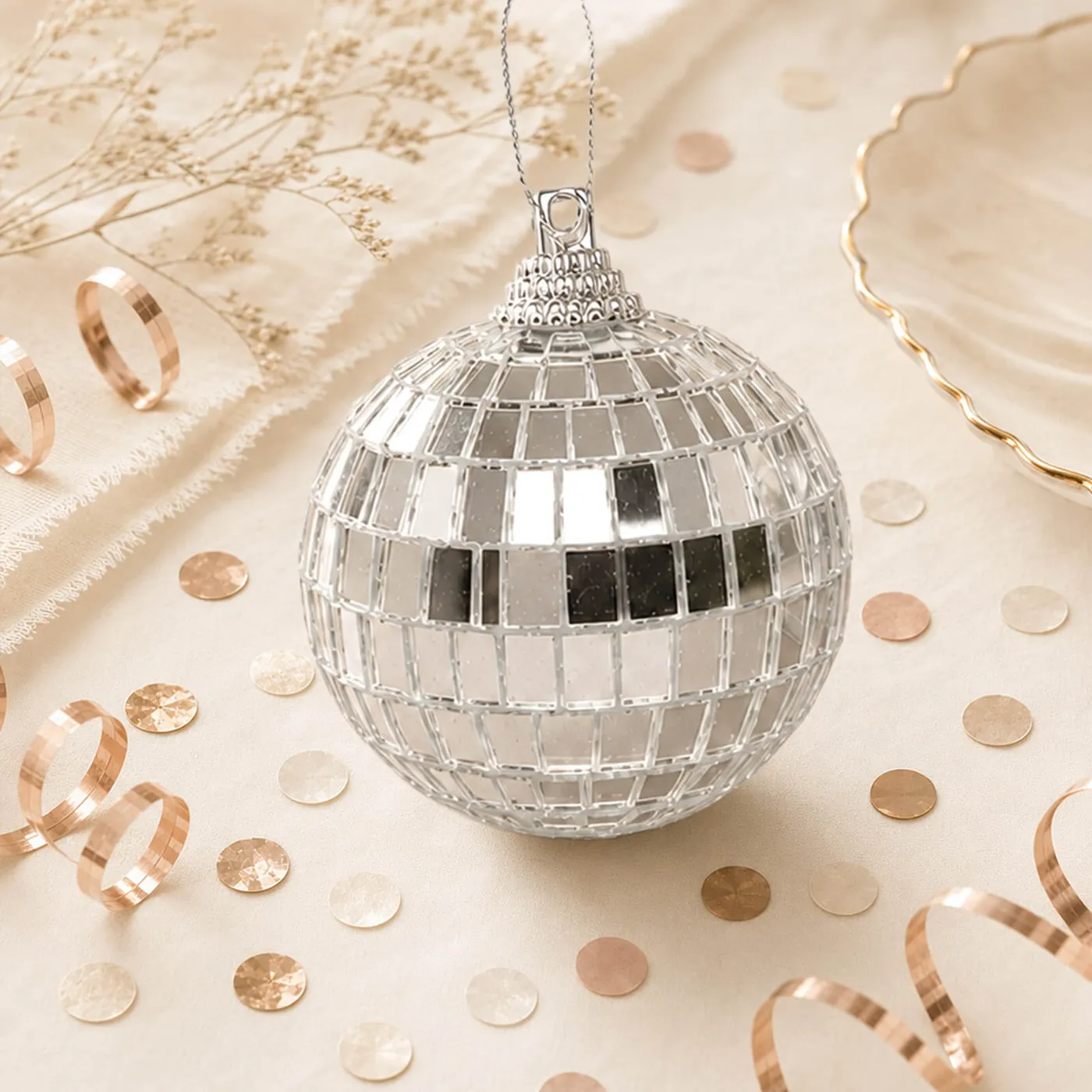 4-Pack 4' Silver Foam Disco Mirror Ball With Hanging Strings, Holiday Christmas Ornaments | Wholesale Event Supplies by TableclothsFactory