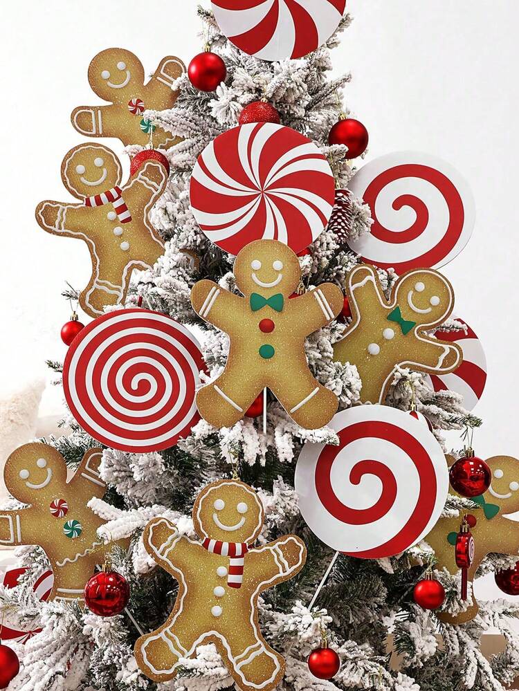 4pcs-Christmas Decorations Indoor Christmas Tree Decorations:Big Red White  Peppermint Lollipop And Gingerbread Man Christmas Tree Decorations, Cute  Candy Gingerbread Man Pick Decorations Christmas T