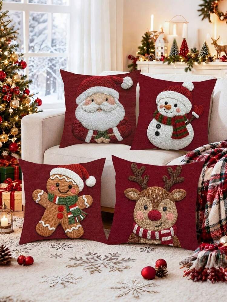 4pcs Christmas Decorative Pillow Covers, Santa Claus & Snowman Pattern  Peach Skin Pillowcases, Winter Decorative Pillow Covers, 2026 Christmas  Decor, Christmas Party Supplies, Christmas Garden Outdo