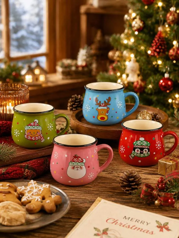 4Pcs Mini Christmas Ceramic Mugs (150ml), Cute Santa Reindeer Coffee Cups, Holiday  Espresso Drinkware, Xmas Party Gifts | SHEIN