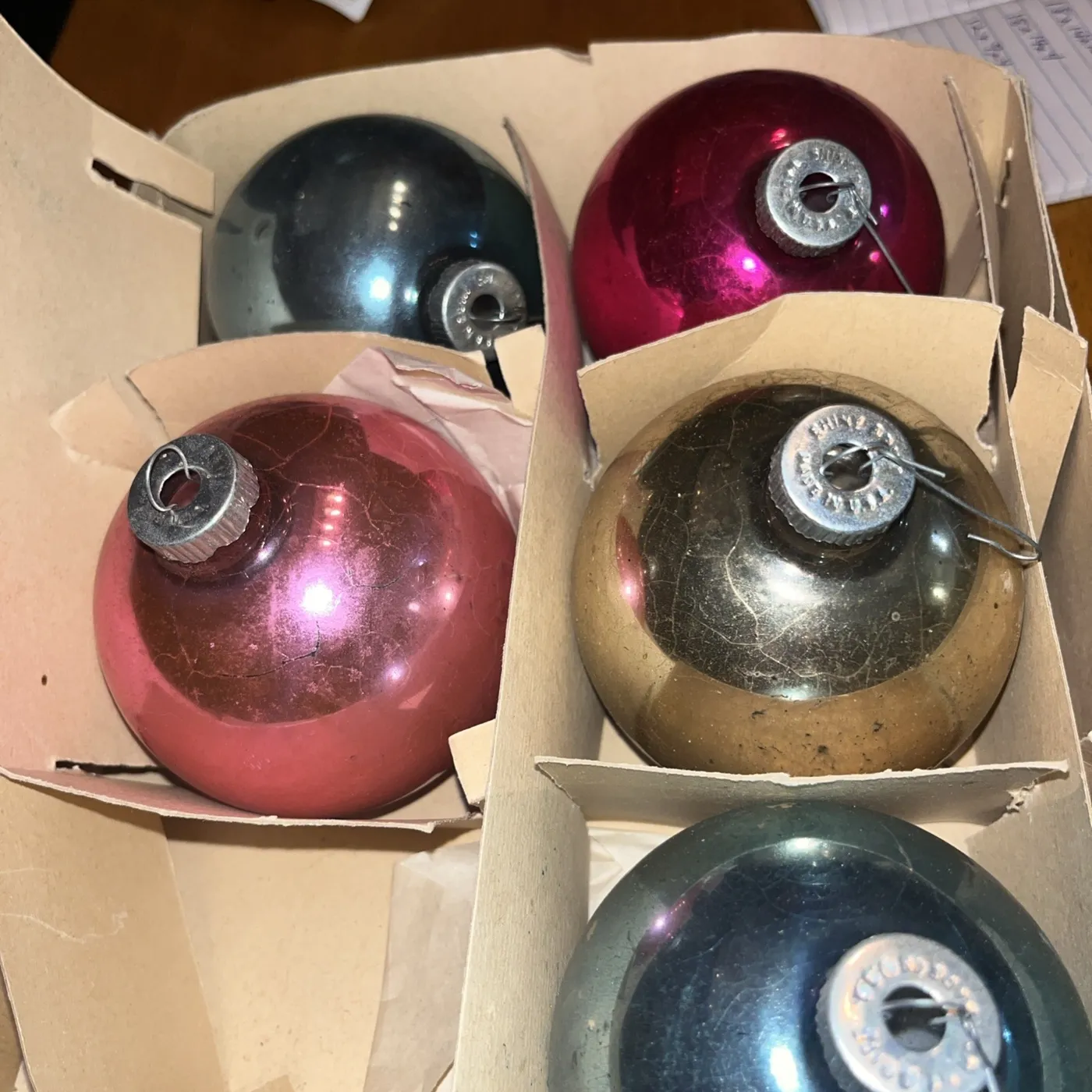 5 Vintage, Jumbo, Shiny Bright Ornaments Multicolored. Made in USA.