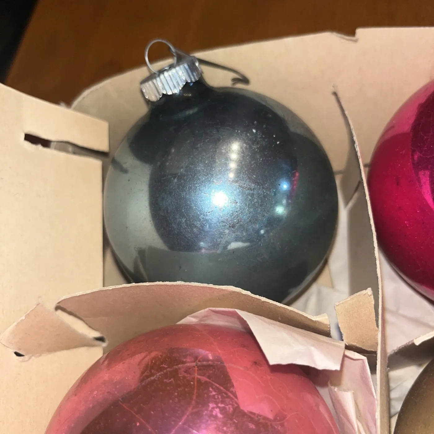 5 Vintage, Jumbo, Shiny Bright Ornaments Multicolored. Made in USA.