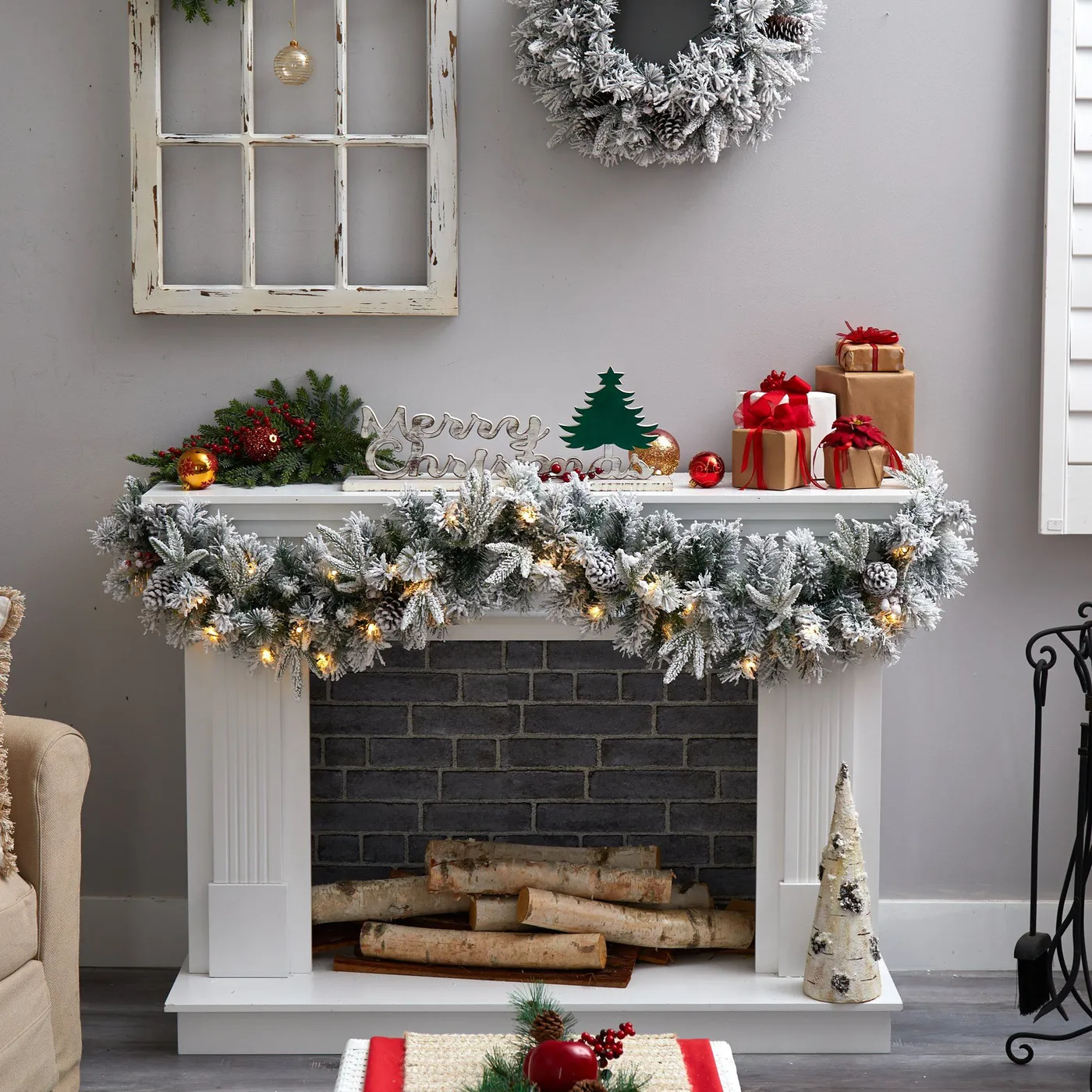6' Flocked Artificial Christmas Garland with Pine Cones and 35 Warm White  LED Lights