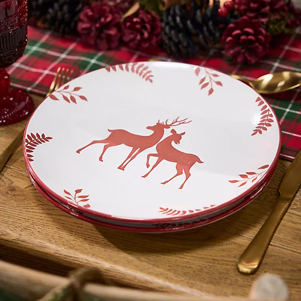 6 Piece Red Plates and Bowls Reindeer Christmas Dinner Set 2 Person Christmas Crockery Set