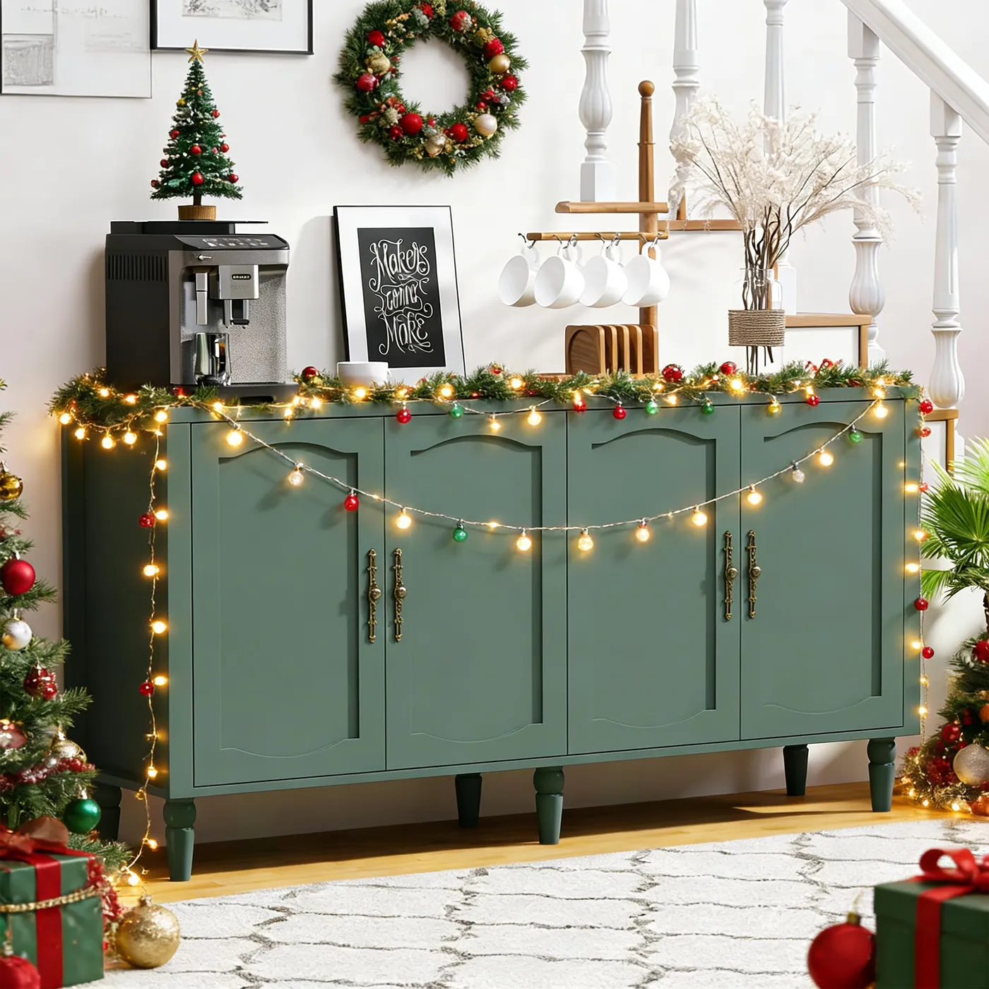 63' Wood Sideboard Buffet Cabinet with Adjustable Shelves – Forest Gre