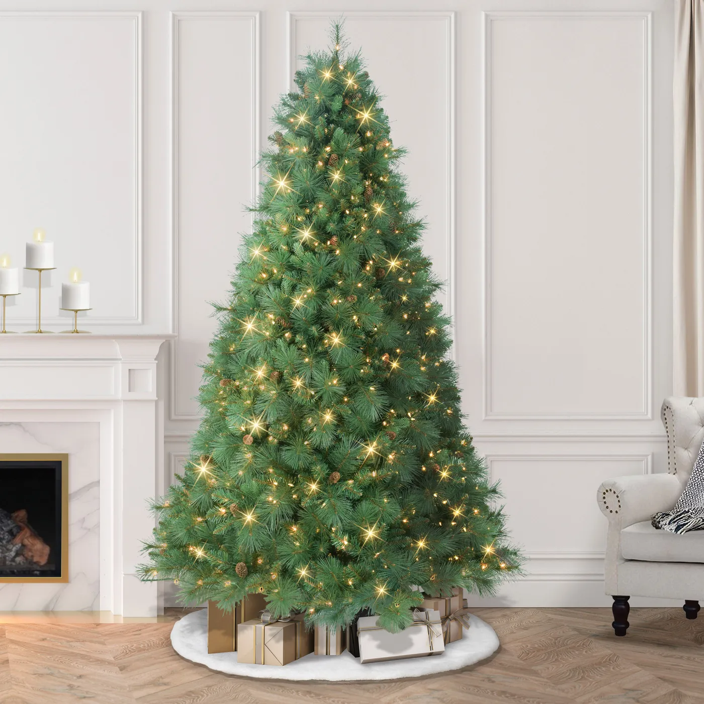7.5 ft Pre-Lit Christmas Tradition Pine Tree 750 Clear Incandescent Lights with Foot Pedal, Size: 7.5'