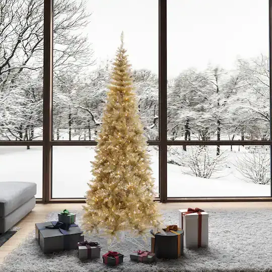 7.5ft. Pre-Lit Champagne Tinsel Fir Slim Artificial Christmas Tree, Clear  Dura-Lit™ Lights - Adjustable Trees