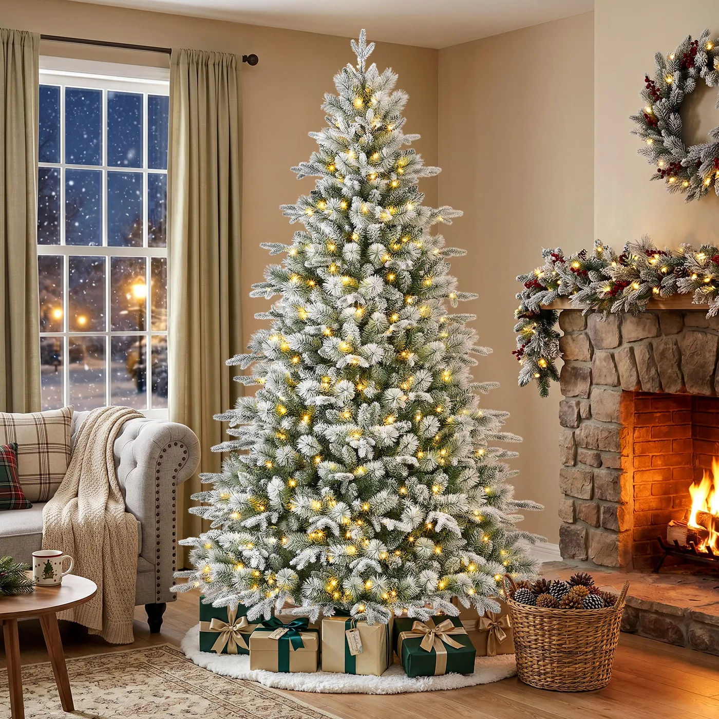 7.5ft Premium Twinkling Flocked Princess Pine Christmas Tree - 500 Pre-Lit Clear Twinkle Lights & 3338 Lifelike Tips