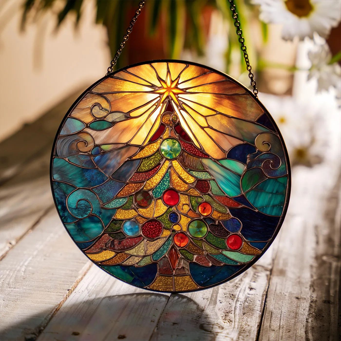 7.9 Inch Round Window Hanging Decor Christmas Tree Stained Glass Window  Hanging Suncatcher – 7.9x7.9 Inch Winter Xmas Holiday Decor, Round Glass  Wall Art Sculpture With Chain & Hook, Indoor Window O